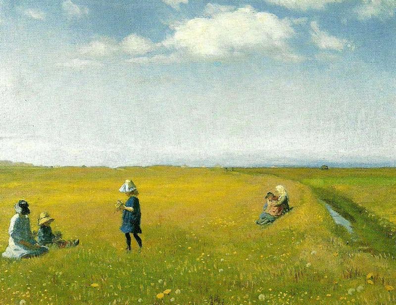 Michael Ancher born og unge piger plukker blomster pa en mark nord for skagen oil painting image